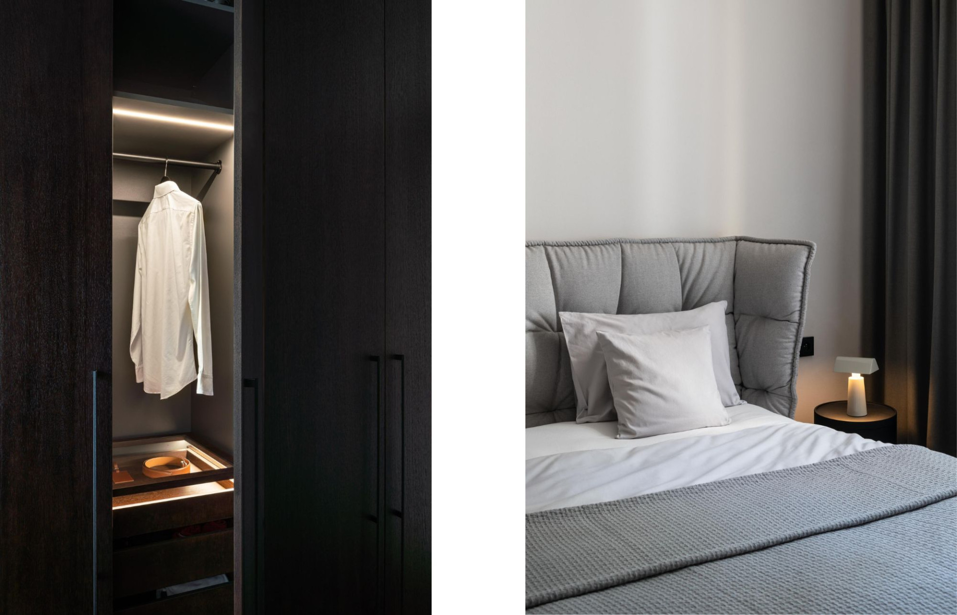 Father's Playground bed linen complement the soft palette shades of the bedroom.