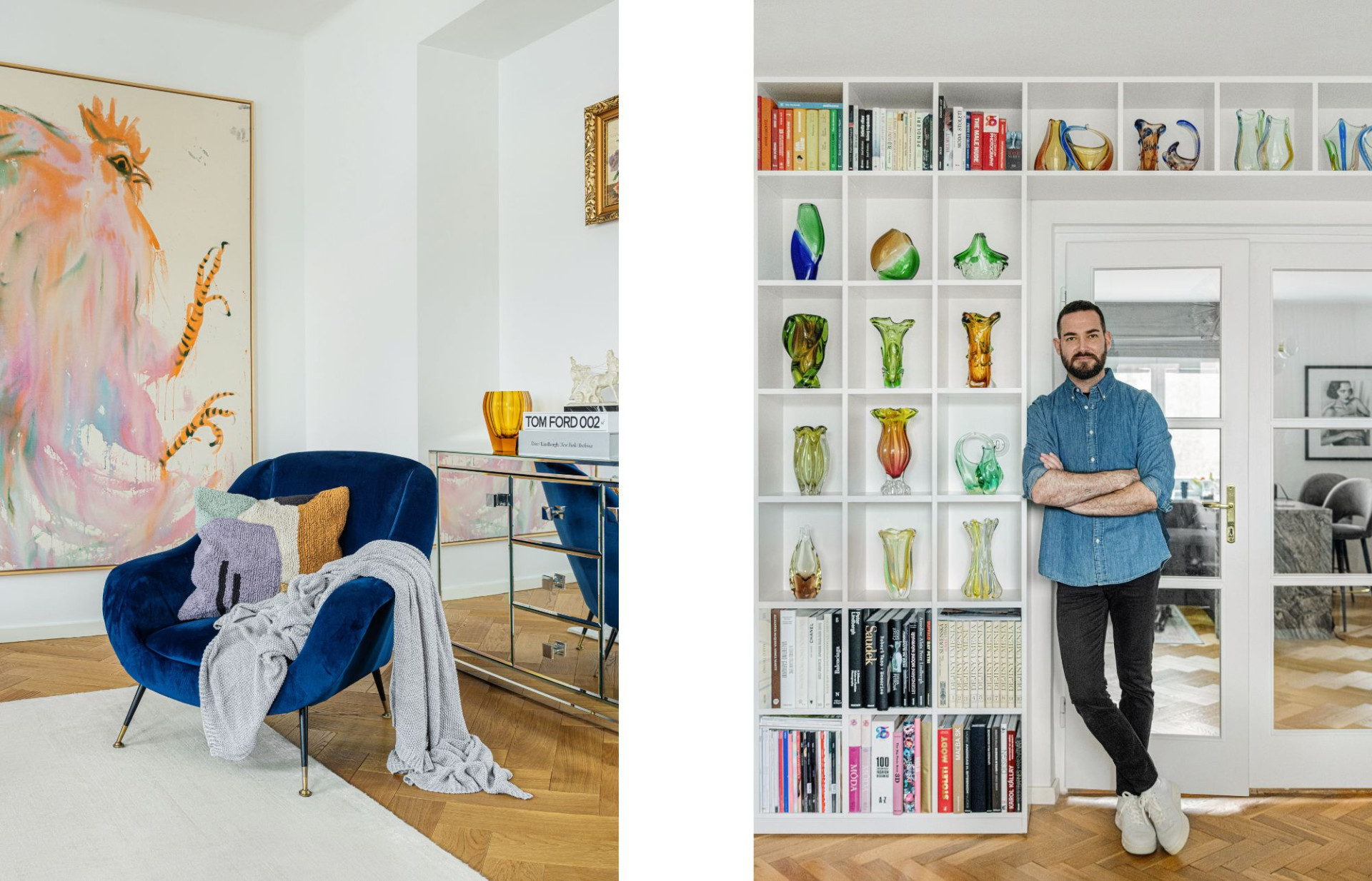 Glass vases of all shapes and colours decorate the entire wall of Lukáš's study.