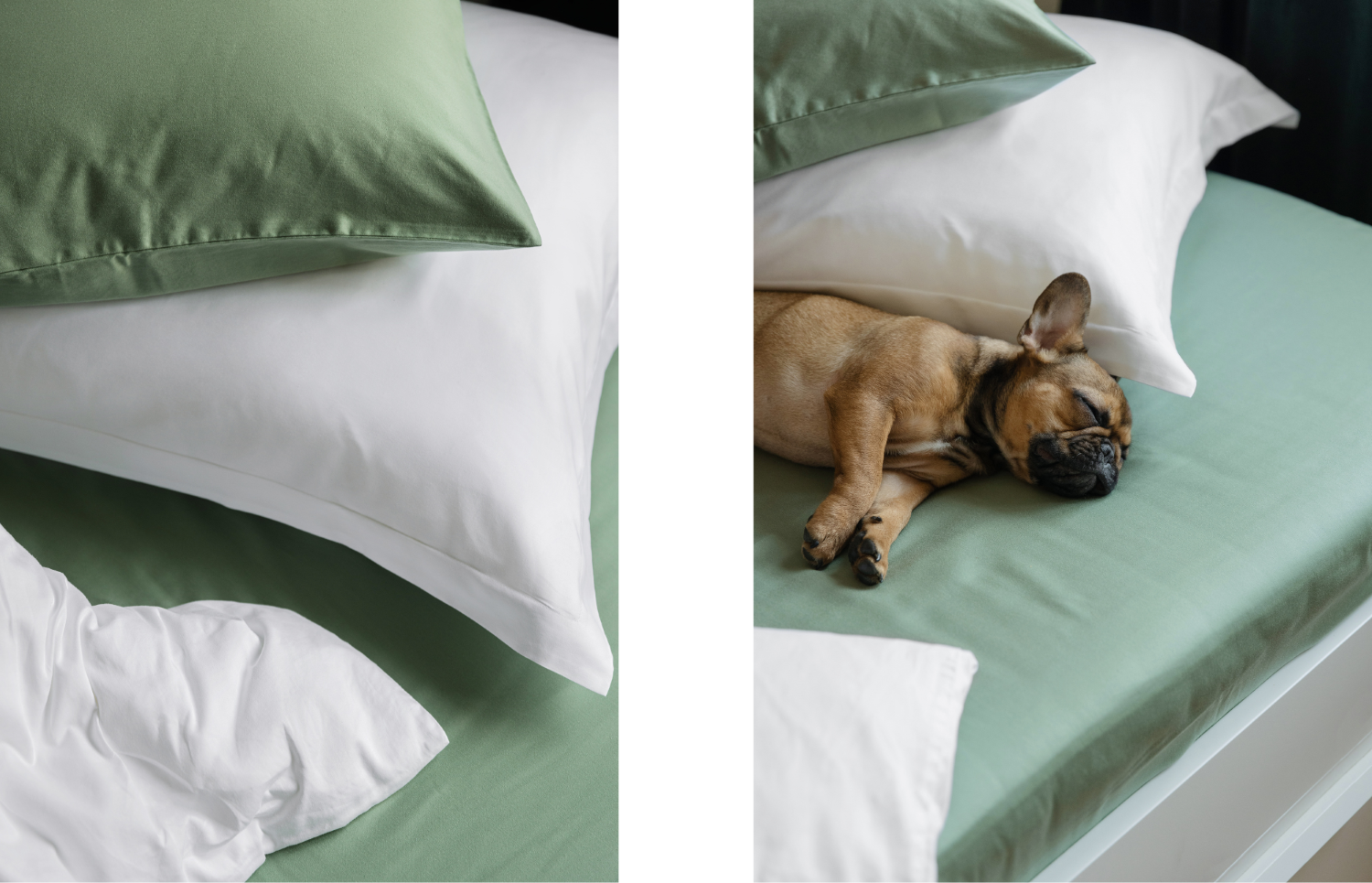 A cosily made bed ensures better sleep. Míša’s bed has the added green of Jane's Weekend bed linen.