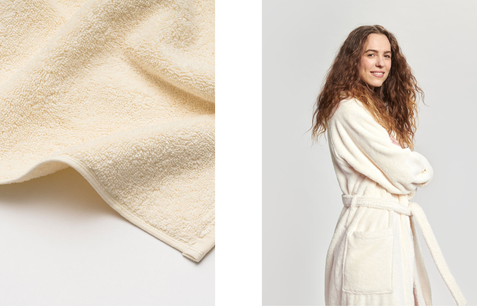 Krémový ručník Honest Cotton, župan Naive Vanilla a povlečení Flat White v Pantone odstínu 11-0515 TPG.
