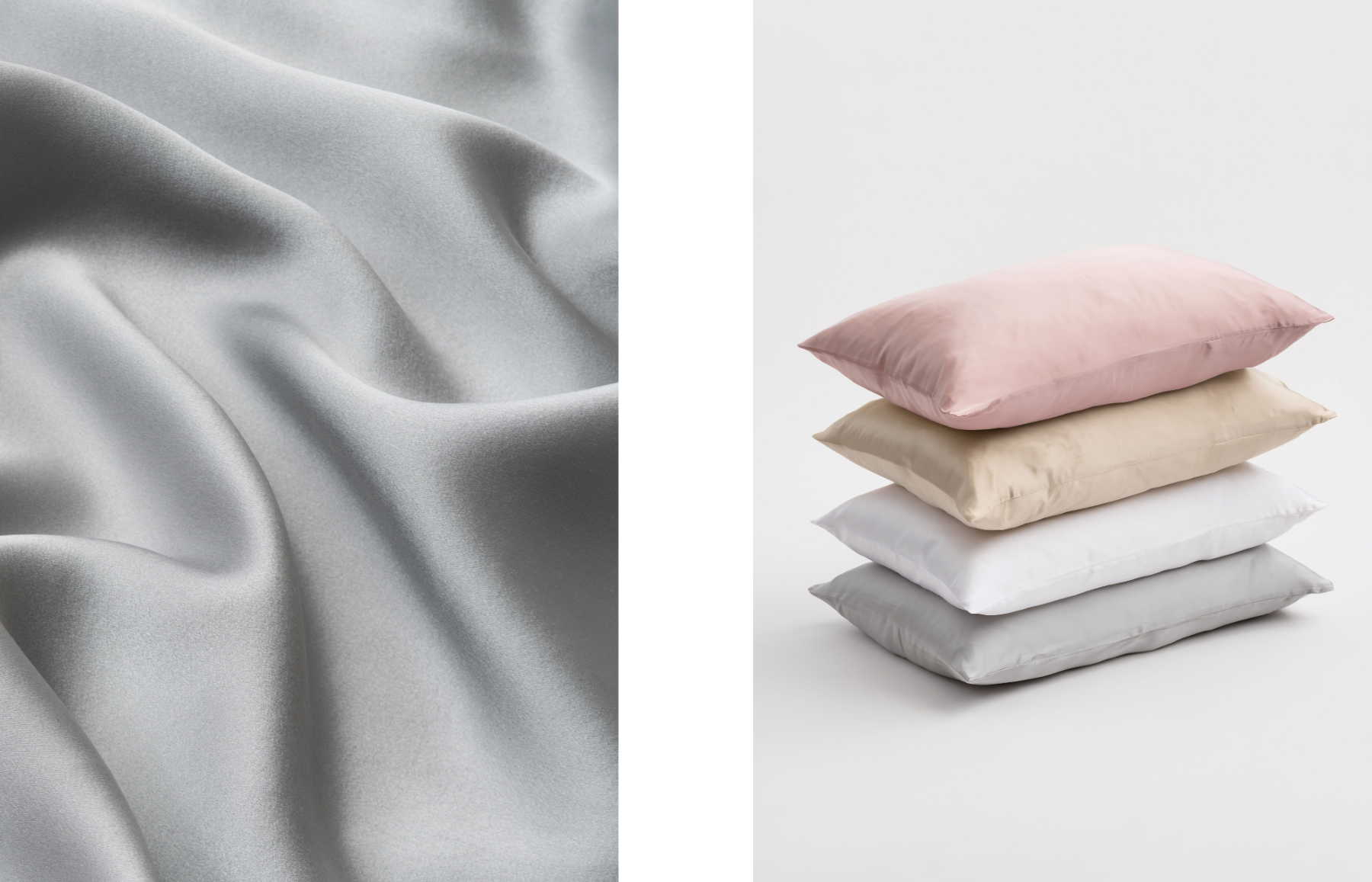 Our 50 × 70 cm one size pure silk pillowcase is available in four neutral shades.