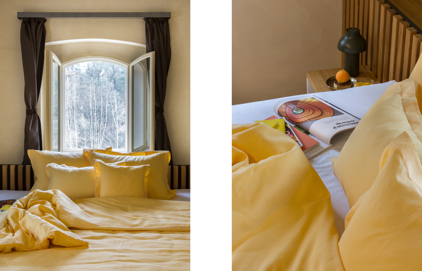 Our yellow linen, TENCEL™ Lyocell and cotton blend Week in Porto bed linen.