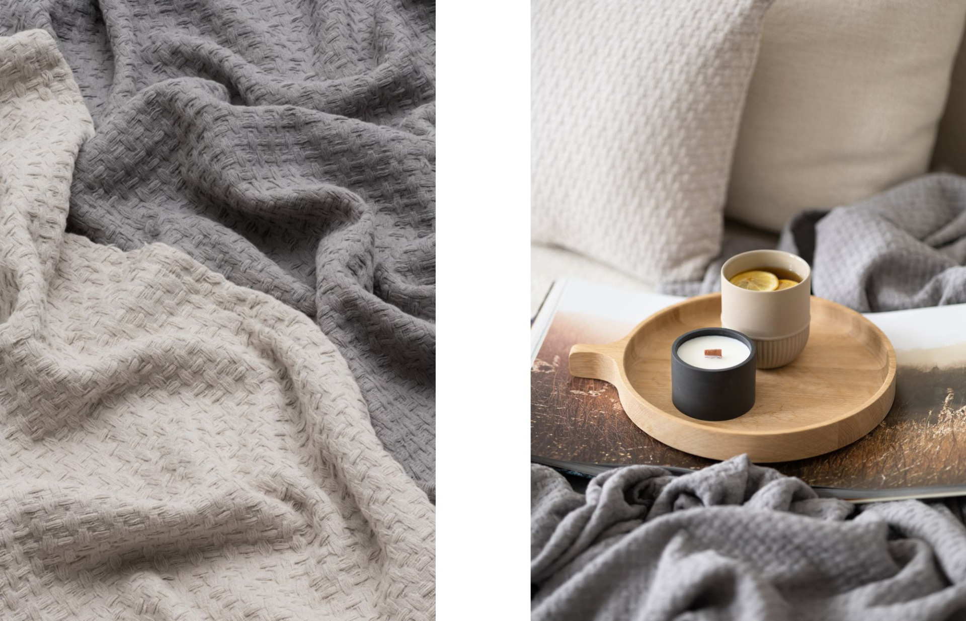Bohemian Lab candle & Woven Monocolour Bed Throw.