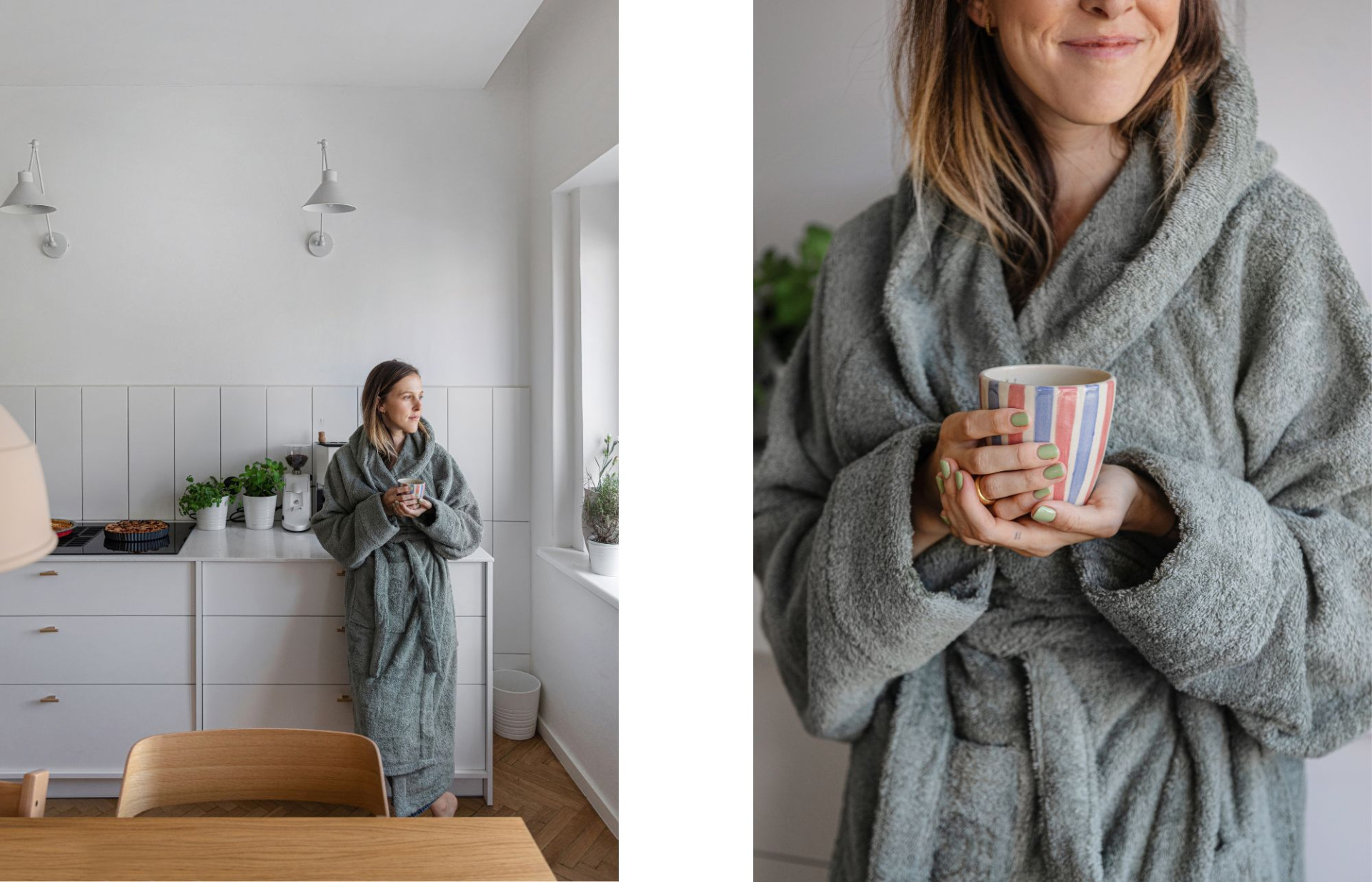 Relaxed mornings in our Confident Green bathrobe.